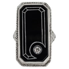 Antique 18K White Gold Rectangular Black Onyx Circular Diamond Cocktail Ring