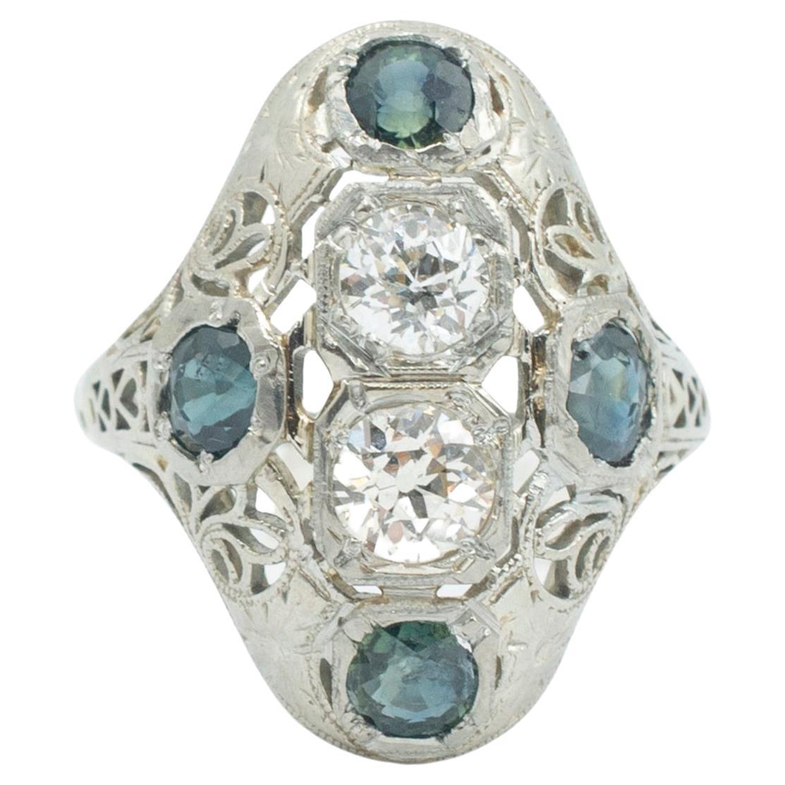 Antique 18k White Gold Sapphire & Diamond Art Deco Filigree Cocktail Ring
