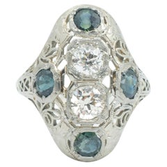 Vintage 18k White Gold Sapphire & Diamond Art Deco Filigree Cocktail Ring