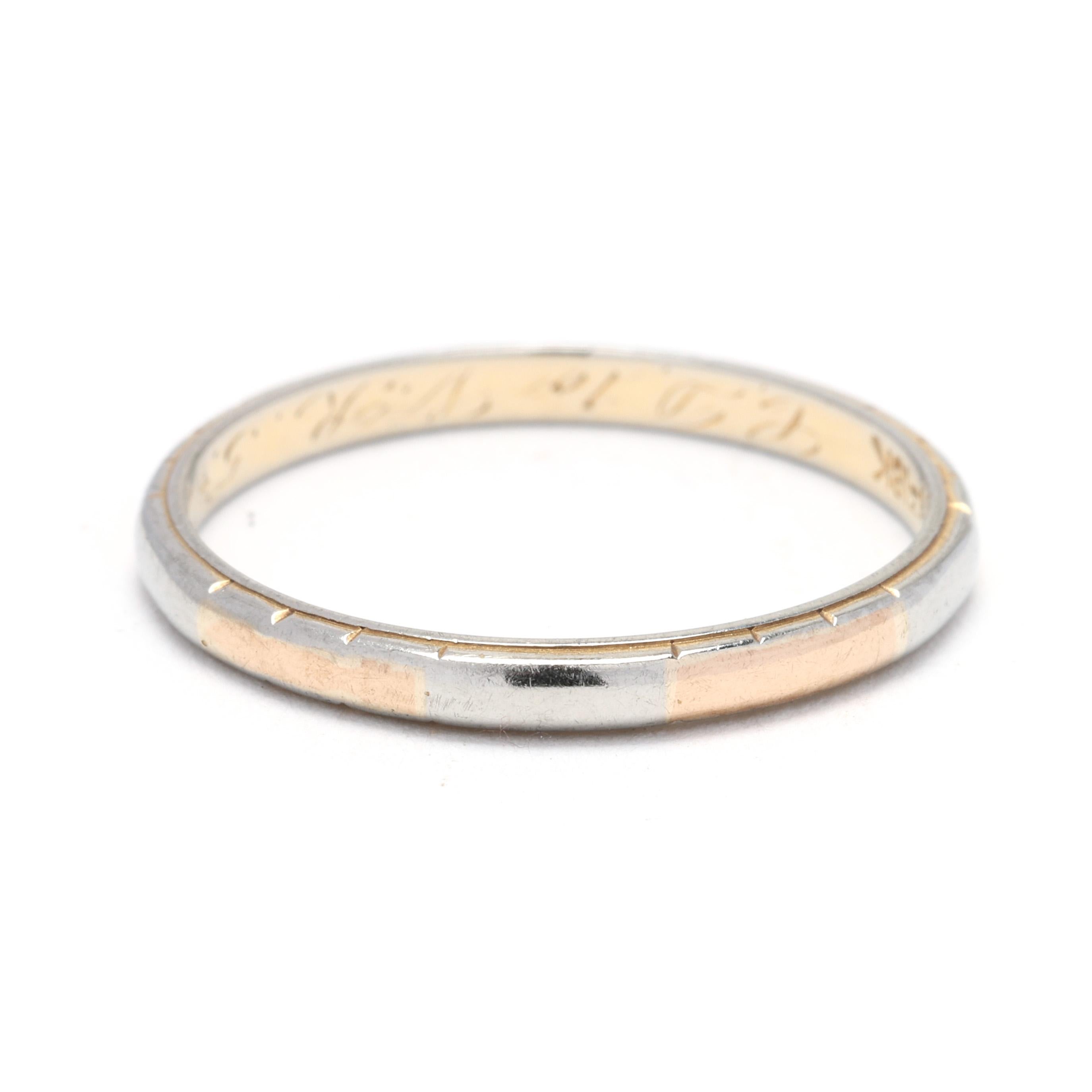 Discover timeless elegance with our antique bi-color gold band ring, masterfully crafted in 18k white and yellow gold. The high-quality 18k gold band offers both durability and a luxurious shine, making it a perfect heirloom piece. Ideal for