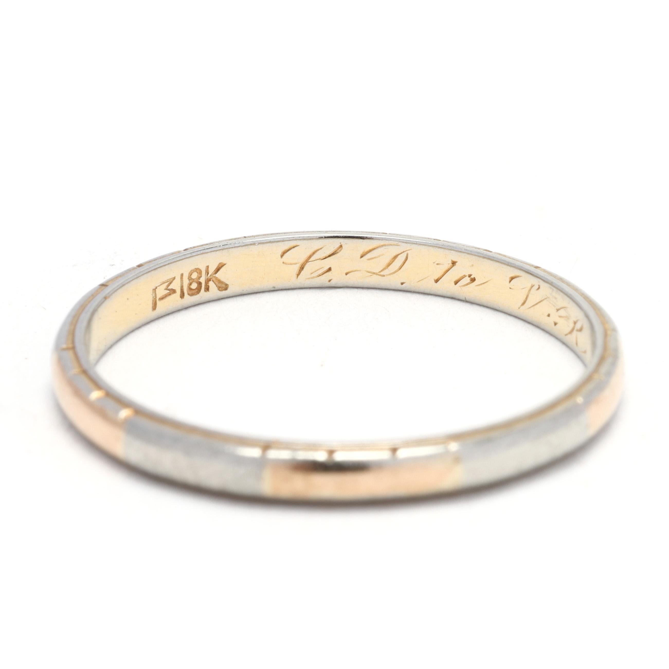 Women's or Men's Antique 18k Yellow and White Gold Band Ring, Ring Size 6, Stackable For Sale