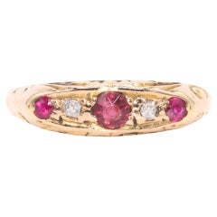 Antique 18K Yellow Gold 0.28ctw Ruby and Old Cut Diamond 5 Stone Ring