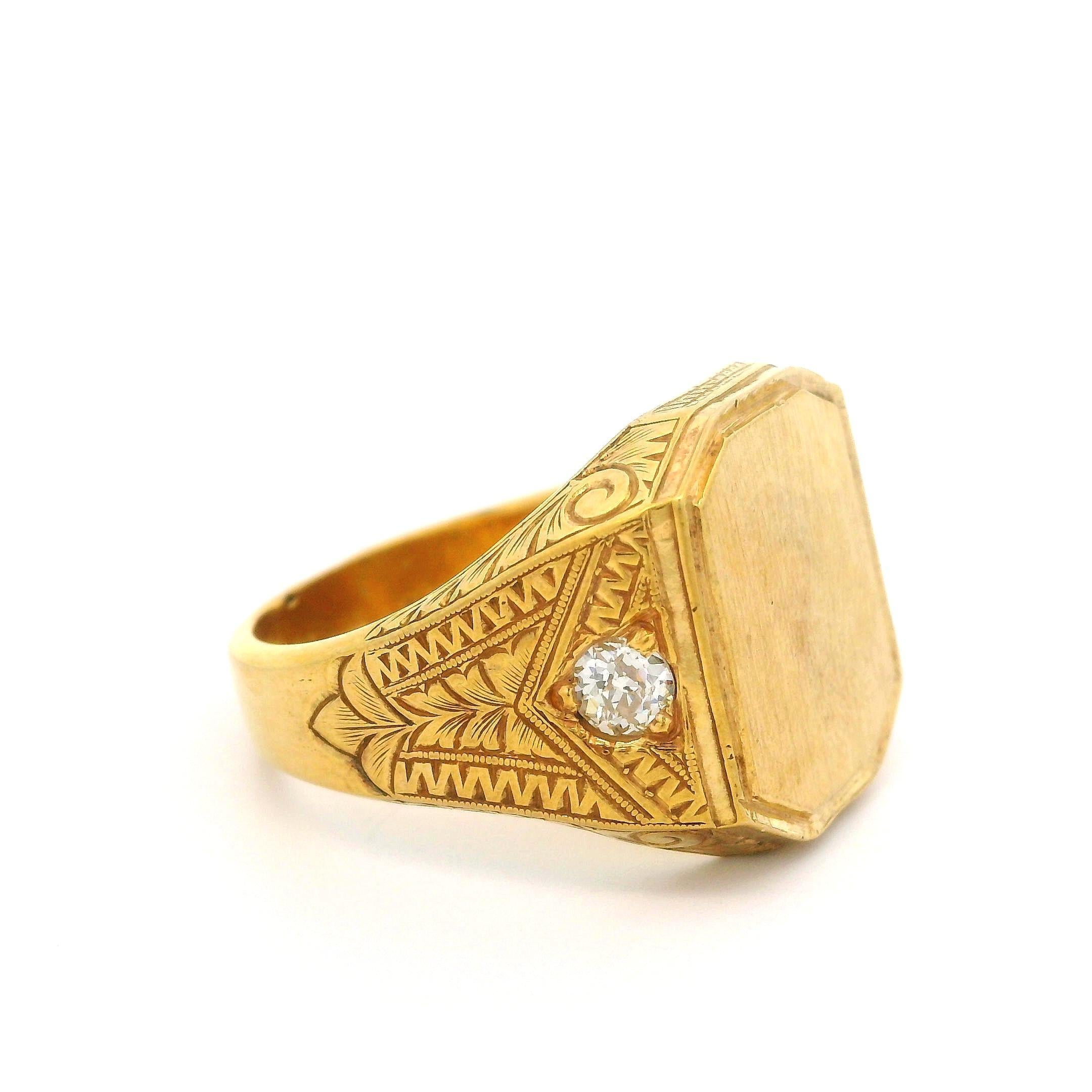 Antique 18k Yellow Gold 0.35ctw Old European Diamond Hand Engraved Signet Ring For Sale 5