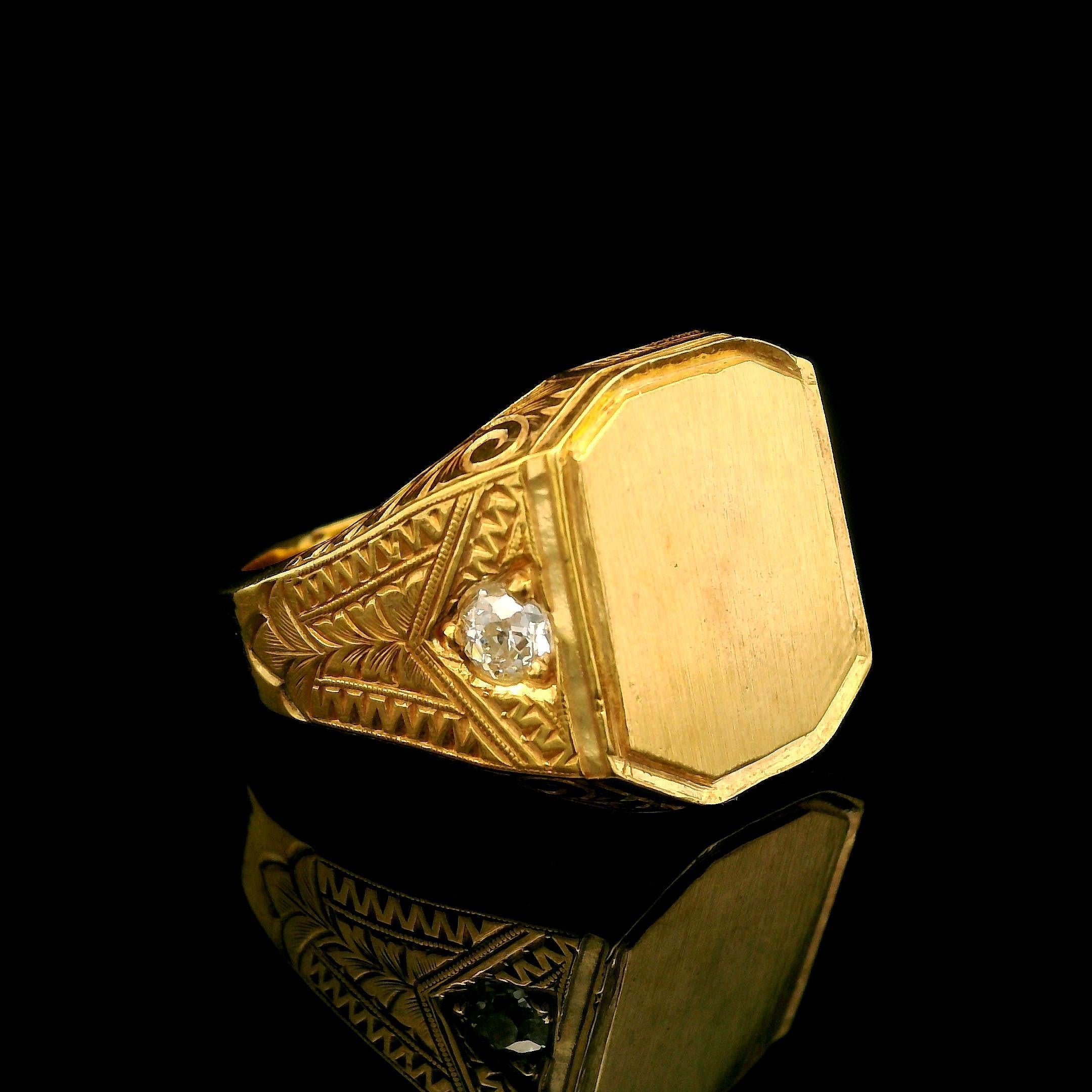 Old European Cut Antique 18k Yellow Gold 0.35ctw Old European Diamond Hand Engraved Signet Ring For Sale