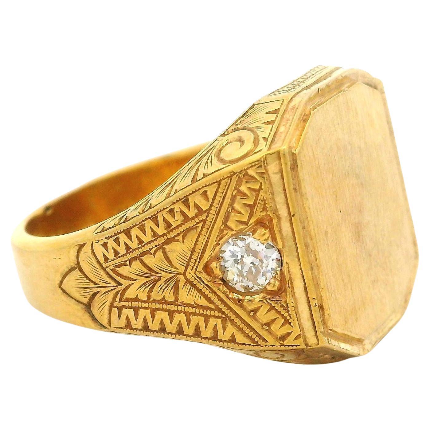Antique 18k Yellow Gold 0.35ctw Old European Diamond Hand Engraved Signet Ring