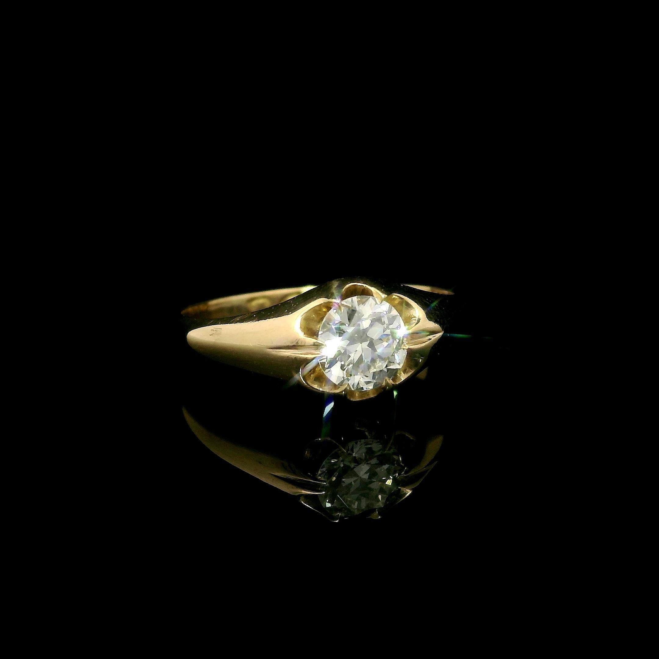 Taille vieille Europe Bague solitaire en or jaune 18k ancienne 0.45ct Old European Cut Belcher Diamond Solitaire Ring en vente