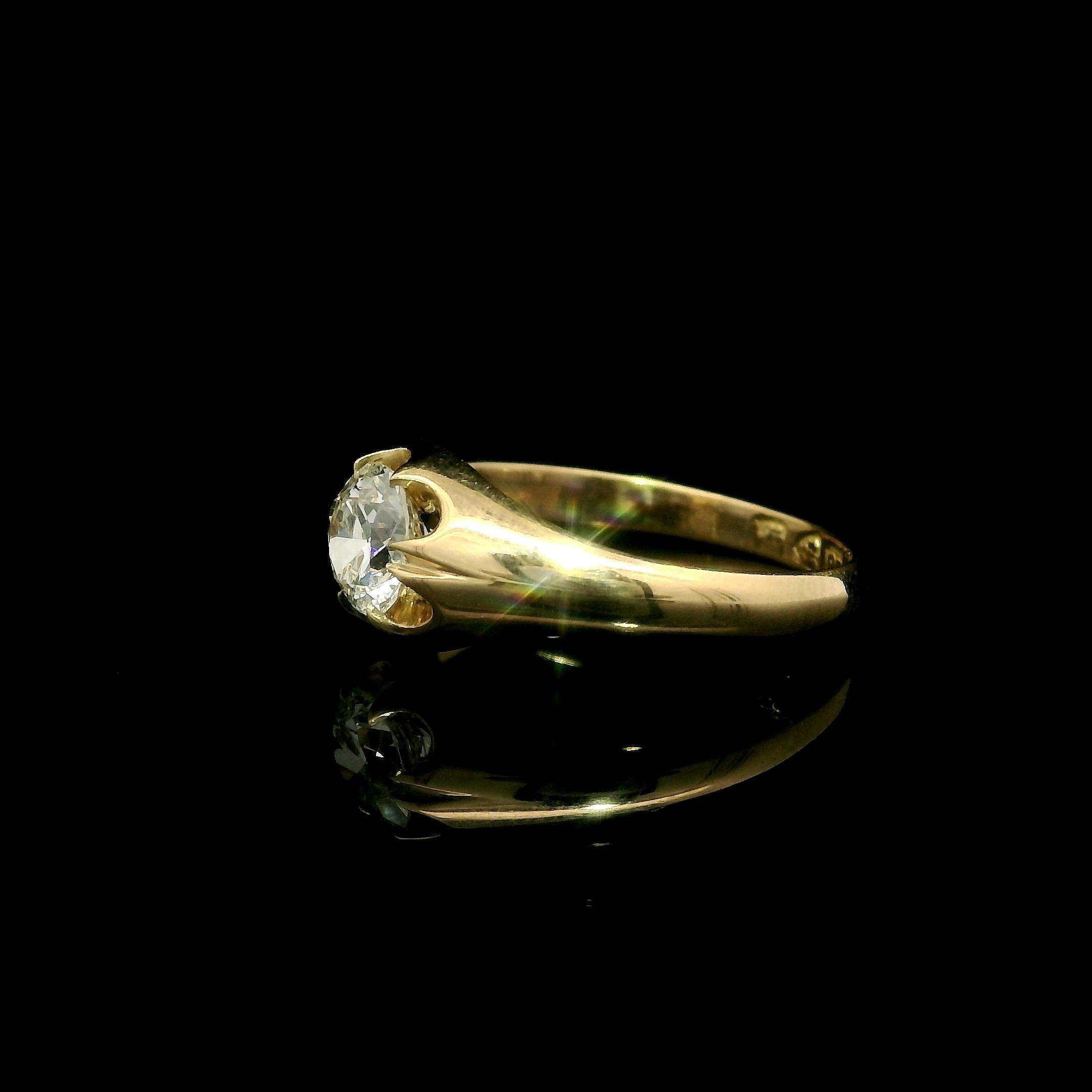 Bague solitaire en or jaune 18k ancienne 0.45ct Old European Cut Belcher Diamond Solitaire Ring Excellent état - En vente à Montclair, NJ