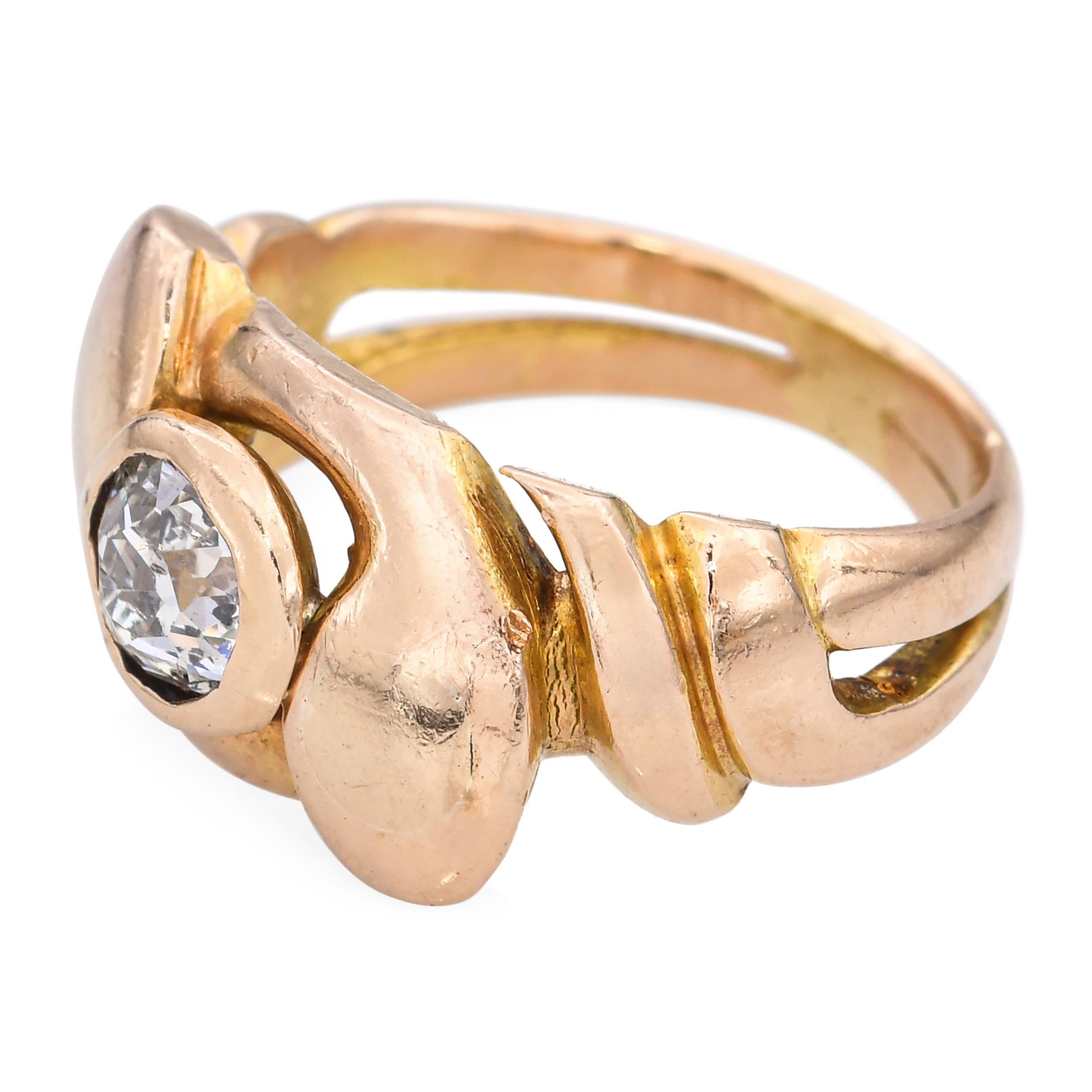 Antique 18k Yellow Gold 0.50ct Old Euro Diamond Intertwined Snake Ring In Good Condition For Sale In New York, NY