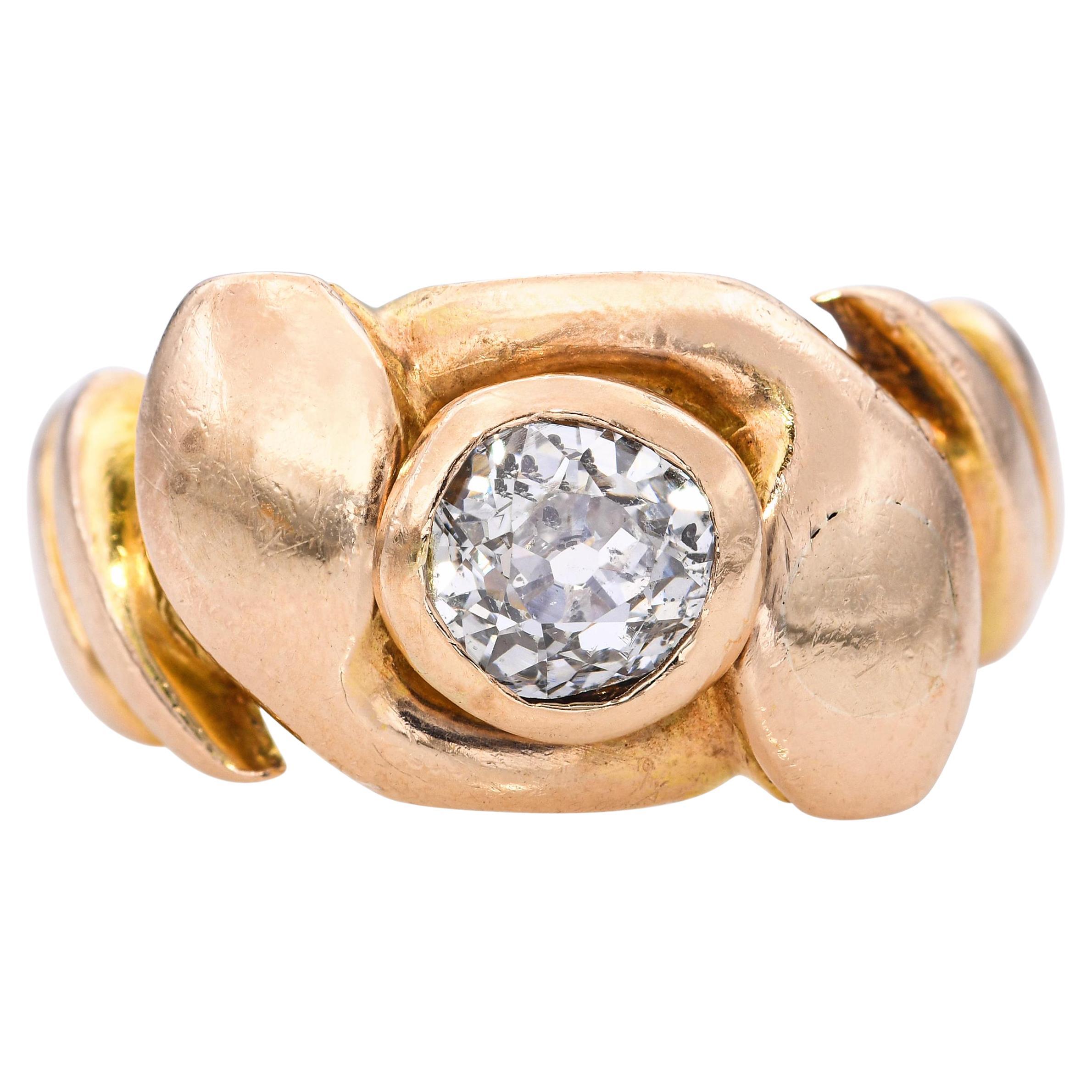 Antique 18k Yellow Gold 0.50ct Old Euro Diamond Intertwined Snake Ring For Sale