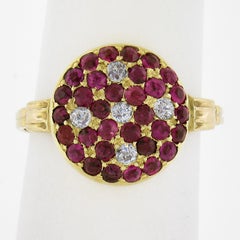 Antique 18K Yellow Gold 1.06ctw Old Cut Pave Set Ruby & Diamond Platter Ring