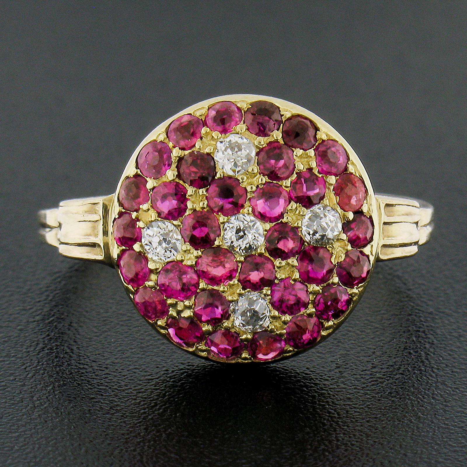 Old European Cut Antique 18K Yellow Gold 1.06ctw Old Cut Pave Set Ruby & Diamond Platter Ring For Sale