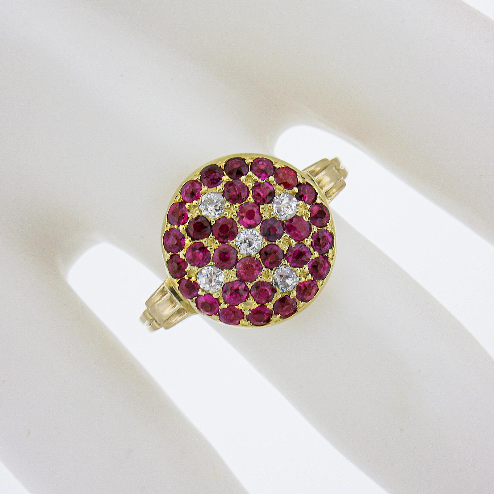 Antique 18K Yellow Gold 1.06ctw Old Cut Pave Set Ruby & Diamond Platter Ring In Good Condition For Sale In Montclair, NJ