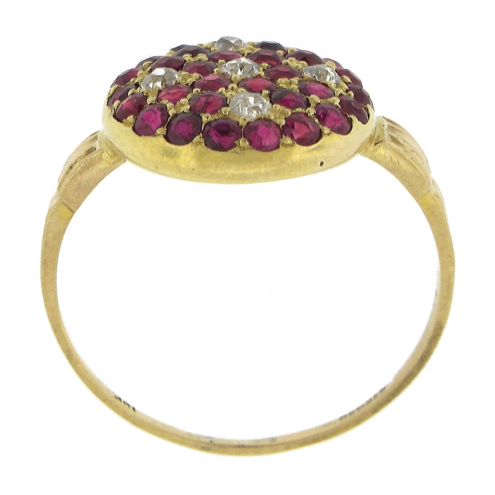 Antique 18K Yellow Gold 1.06ctw Old Cut Pave Set Ruby & Diamond Platter Ring For Sale 2