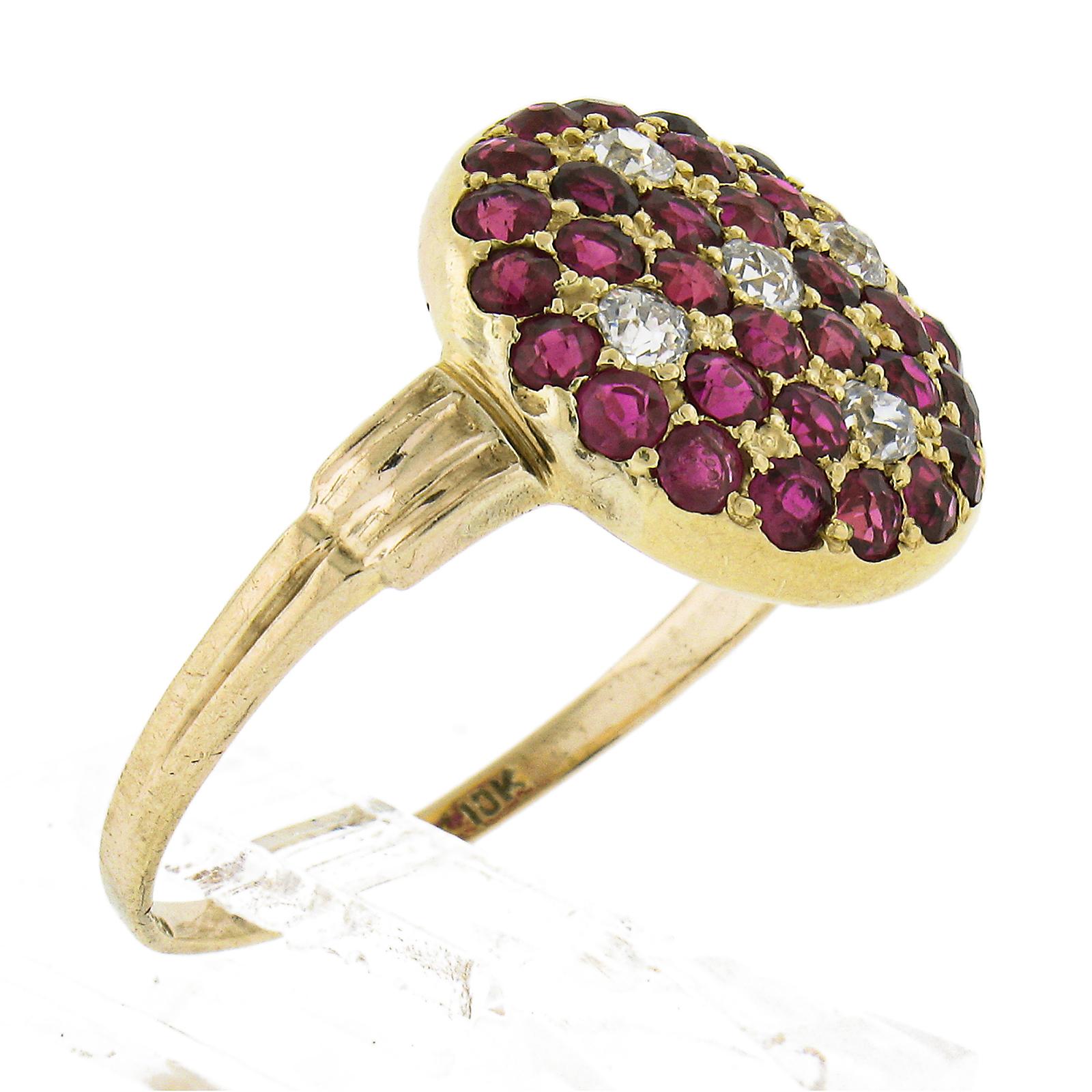 Antique 18K Yellow Gold 1.06ctw Old Cut Pave Set Ruby & Diamond Platter Ring For Sale 3