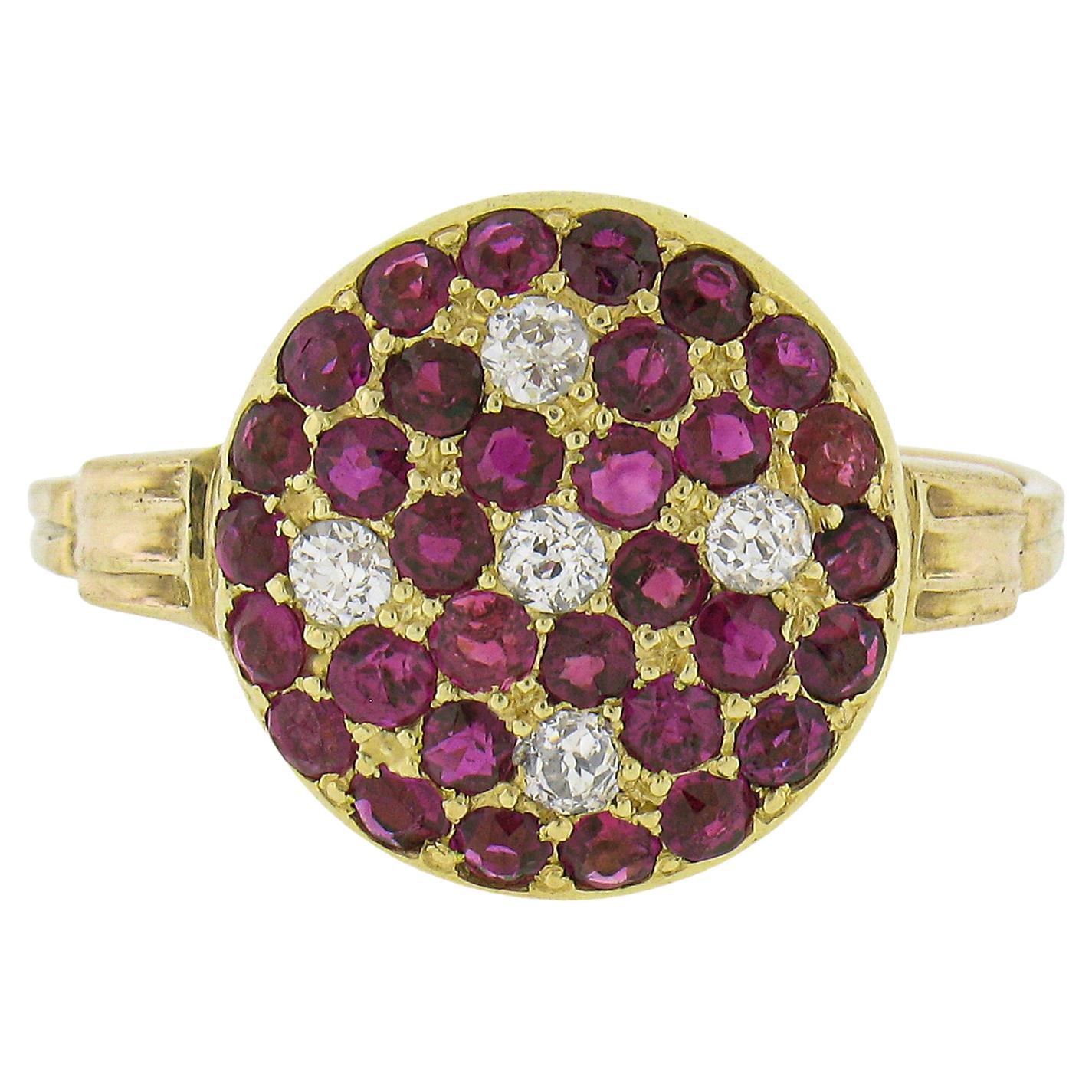 Antique 18K Yellow Gold 1.06ctw Old Cut Pave Set Ruby & Diamond Platter Ring For Sale