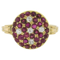 Antique 18K Yellow Gold 1.06ctw Old Cut Pave Set Ruby & Diamond Platter Ring