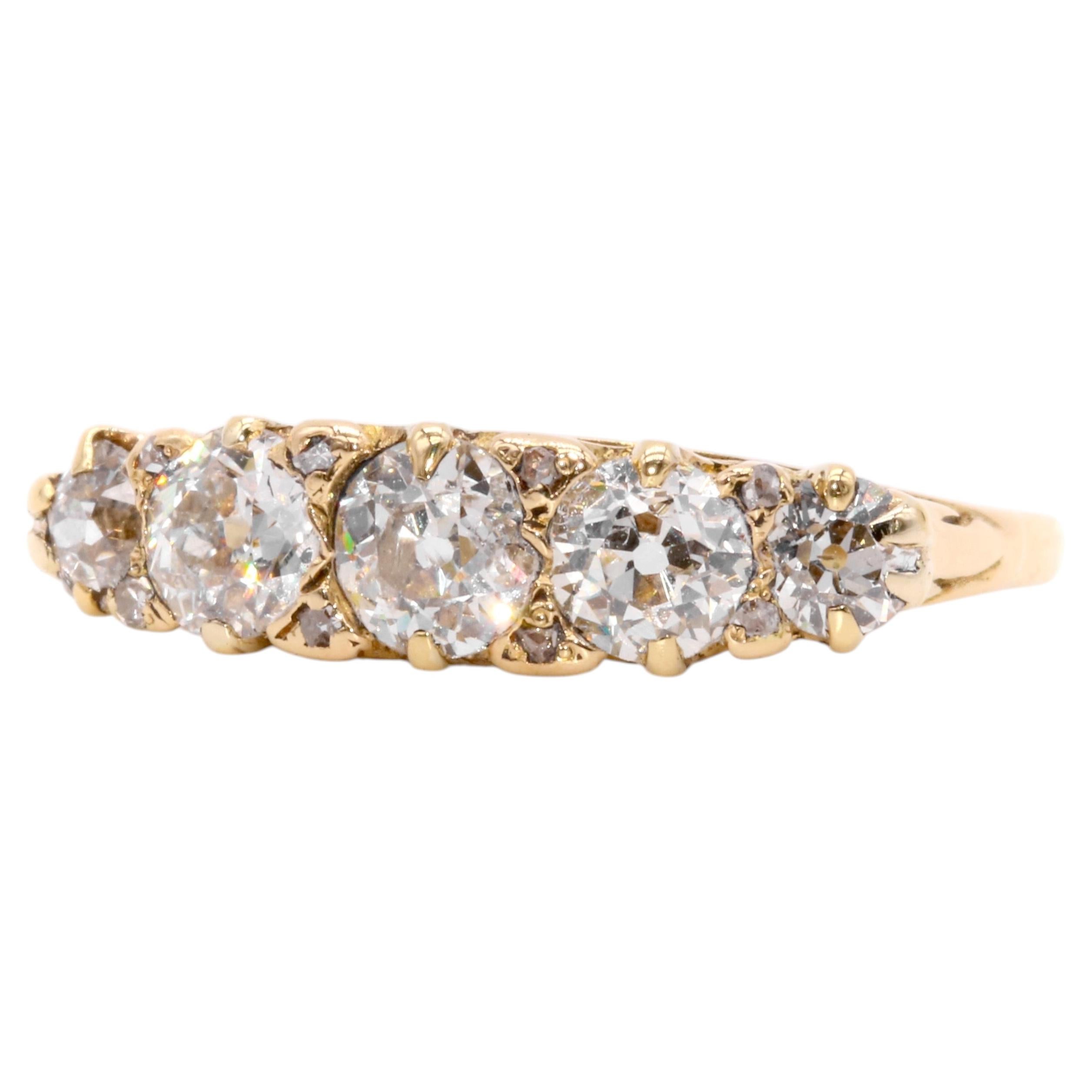 Antique 18K Yellow Gold 1.5ctw Old European Cut Diamond 5 Stone Ring