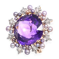 Antique 18k Yellow Gold 16.07ct Amethyst Natural Pearl & Diamond Brooch