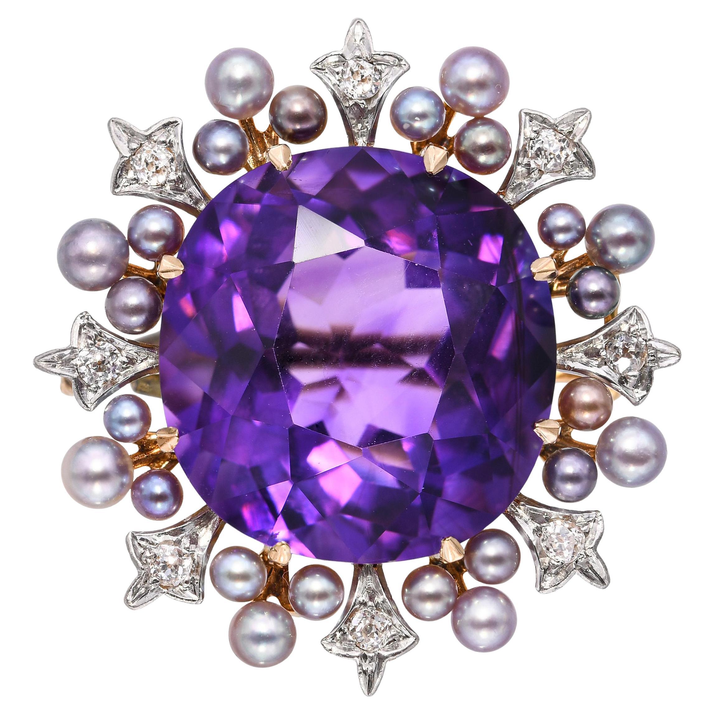 Spilla antica in oro giallo 18 carati con perla naturale e diamante da 16,07 carati