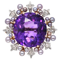 Spilla antica in oro giallo 18 carati con perla naturale e diamante da 16,07 carati