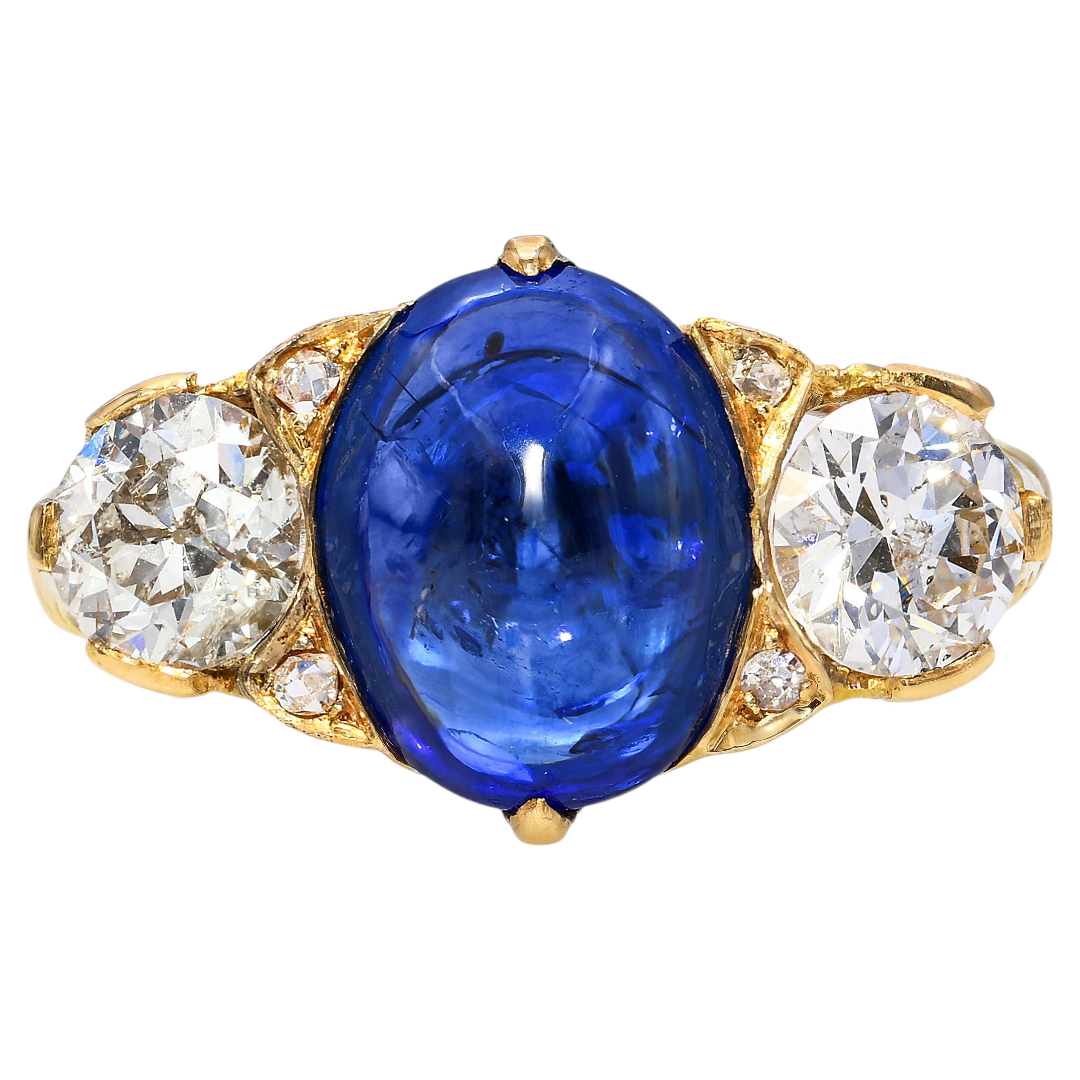 Antique 18k Yellow Gold 3.0ct Cabochon Sapphire and 1.0tcw Old Euro Diamond Ring