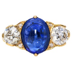 Antique 18k Yellow Gold 3.0ct Cabochon Sapphire and 1.0tcw Old Euro Diamond Ring