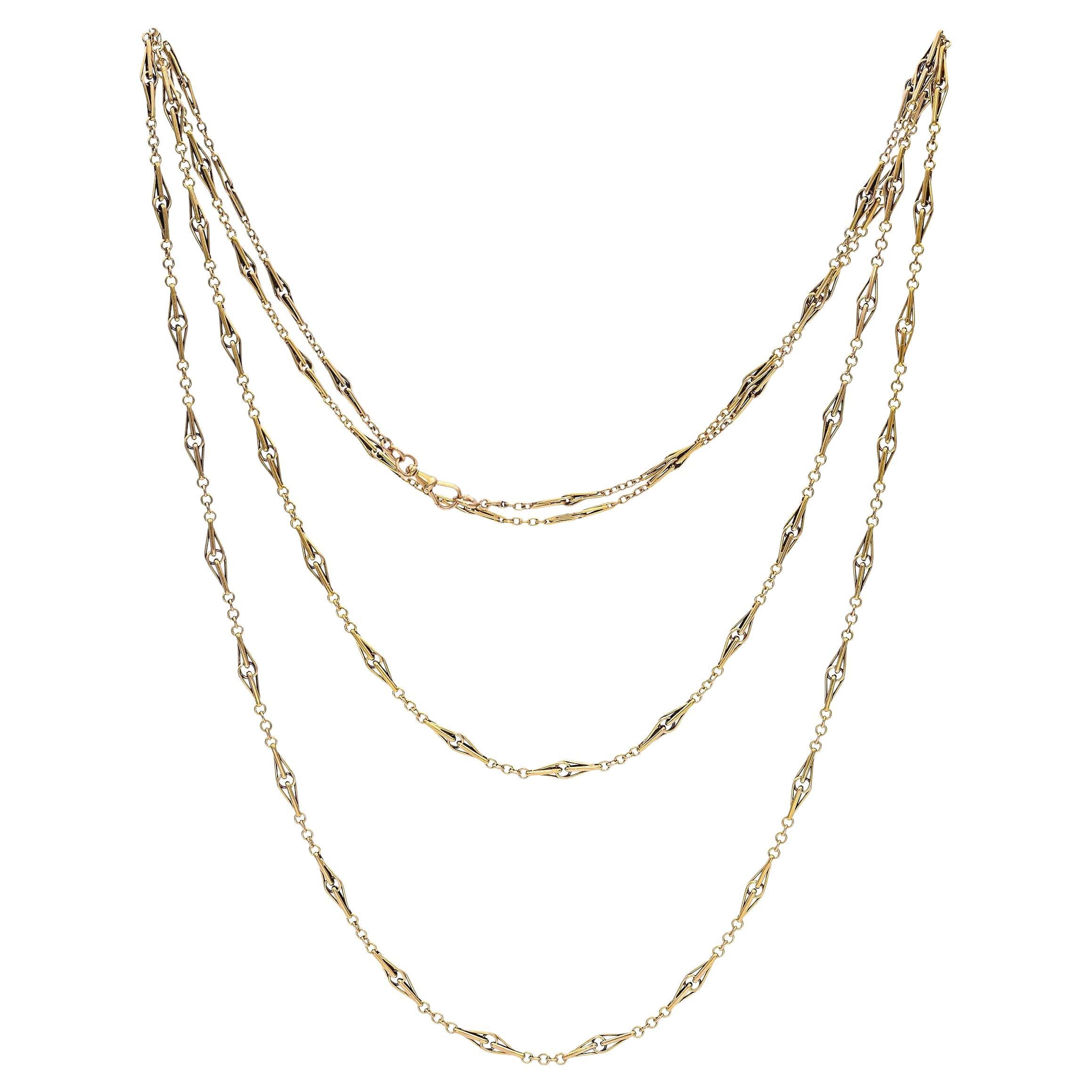 Antique 18k Yellow Gold 64" Pocket Watch Chain Necklace For Sale