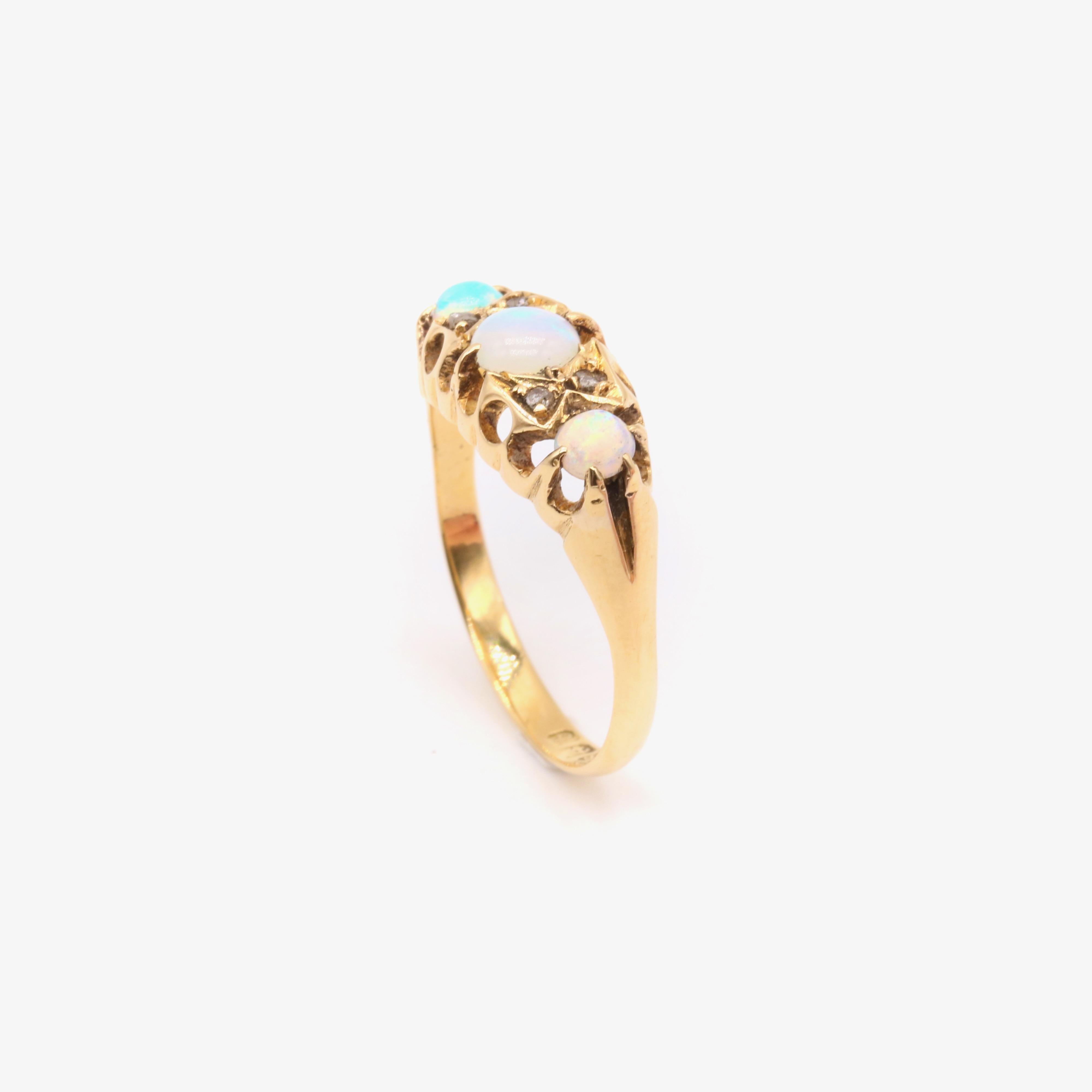 Antique 18K Yellow Gold 7 Stone White Opal and Diamond Ring For Sale 4