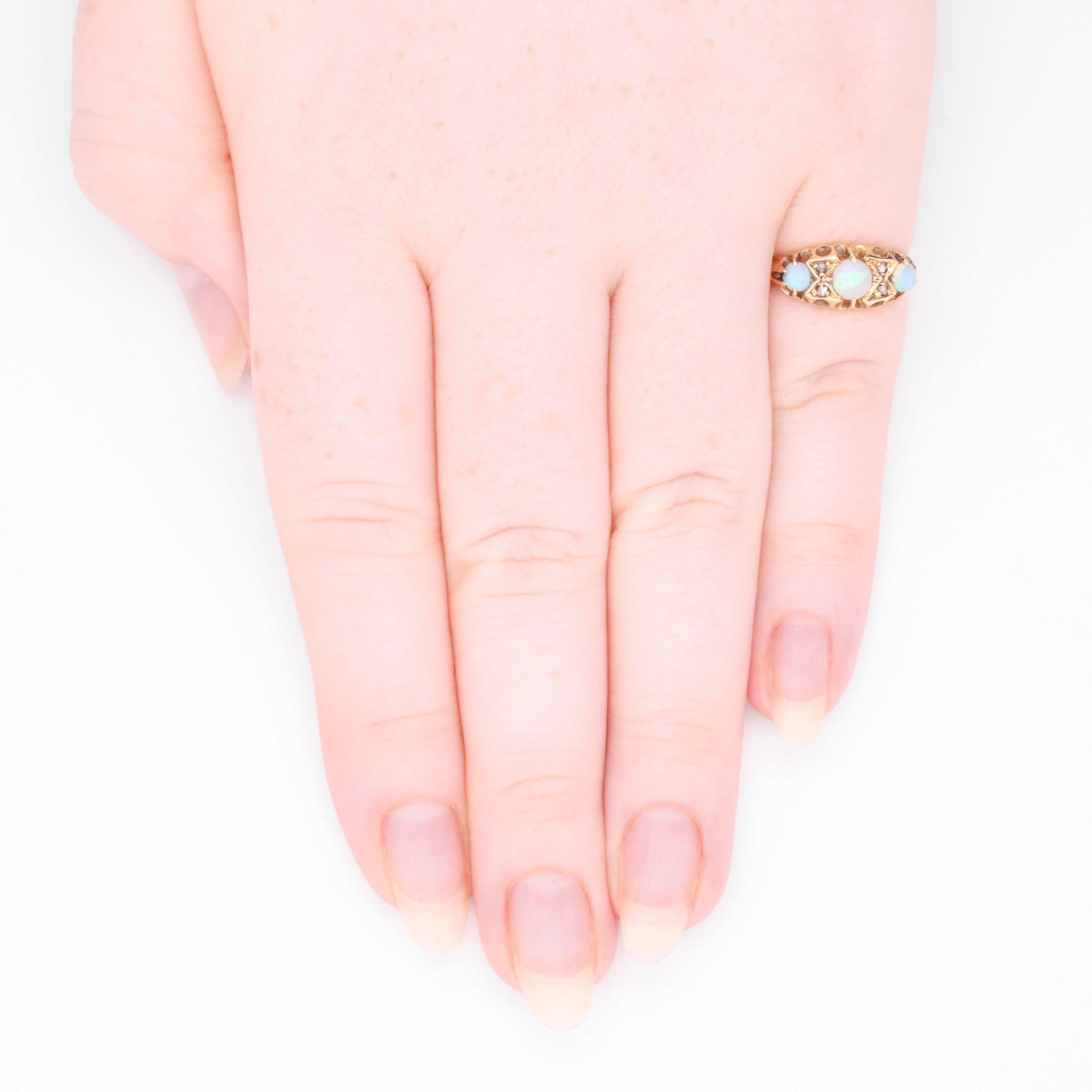Antique 18K Yellow Gold 7 Stone White Opal and Diamond Ring For Sale 6
