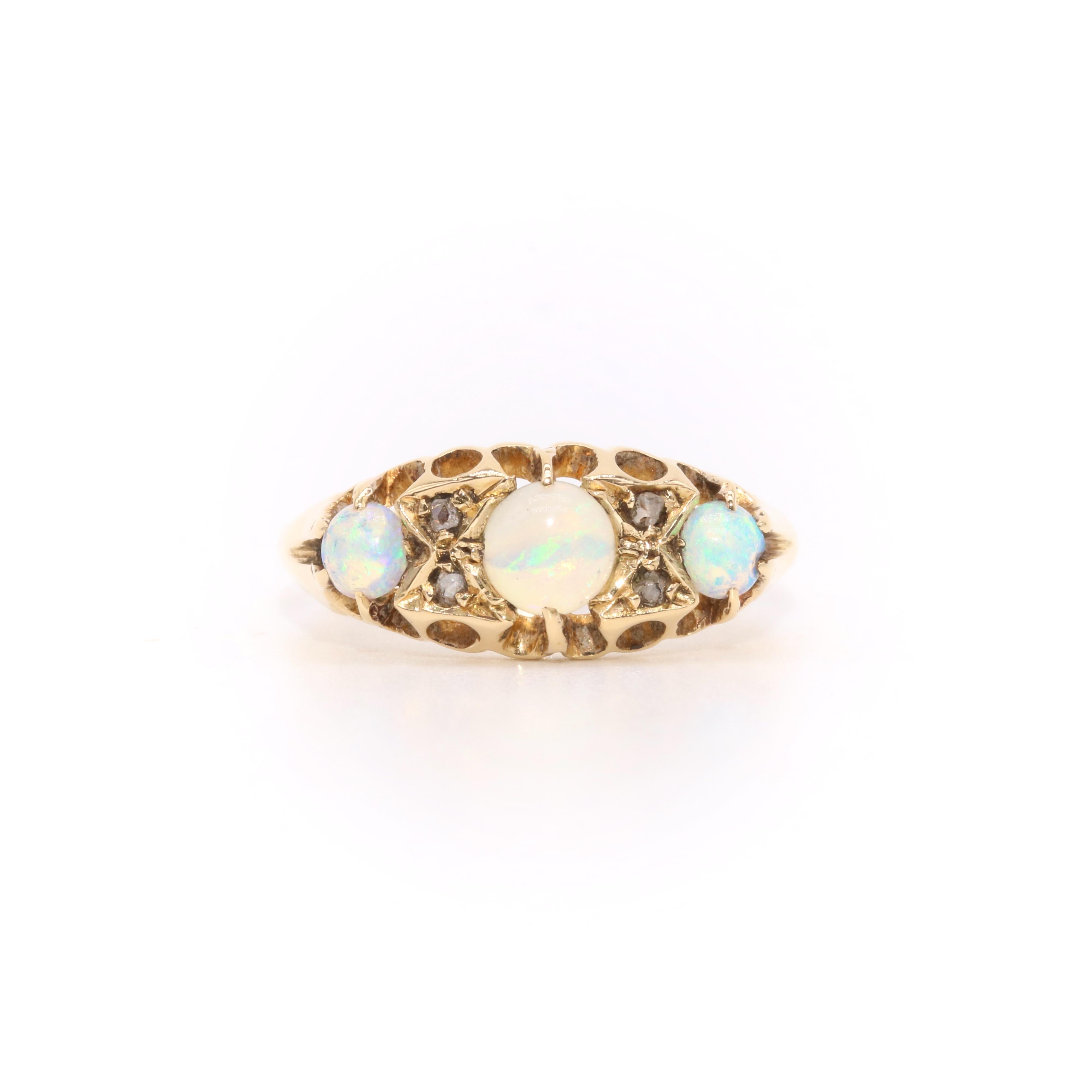 Edwardian Antique 18K Yellow Gold 7 Stone White Opal and Diamond Ring For Sale