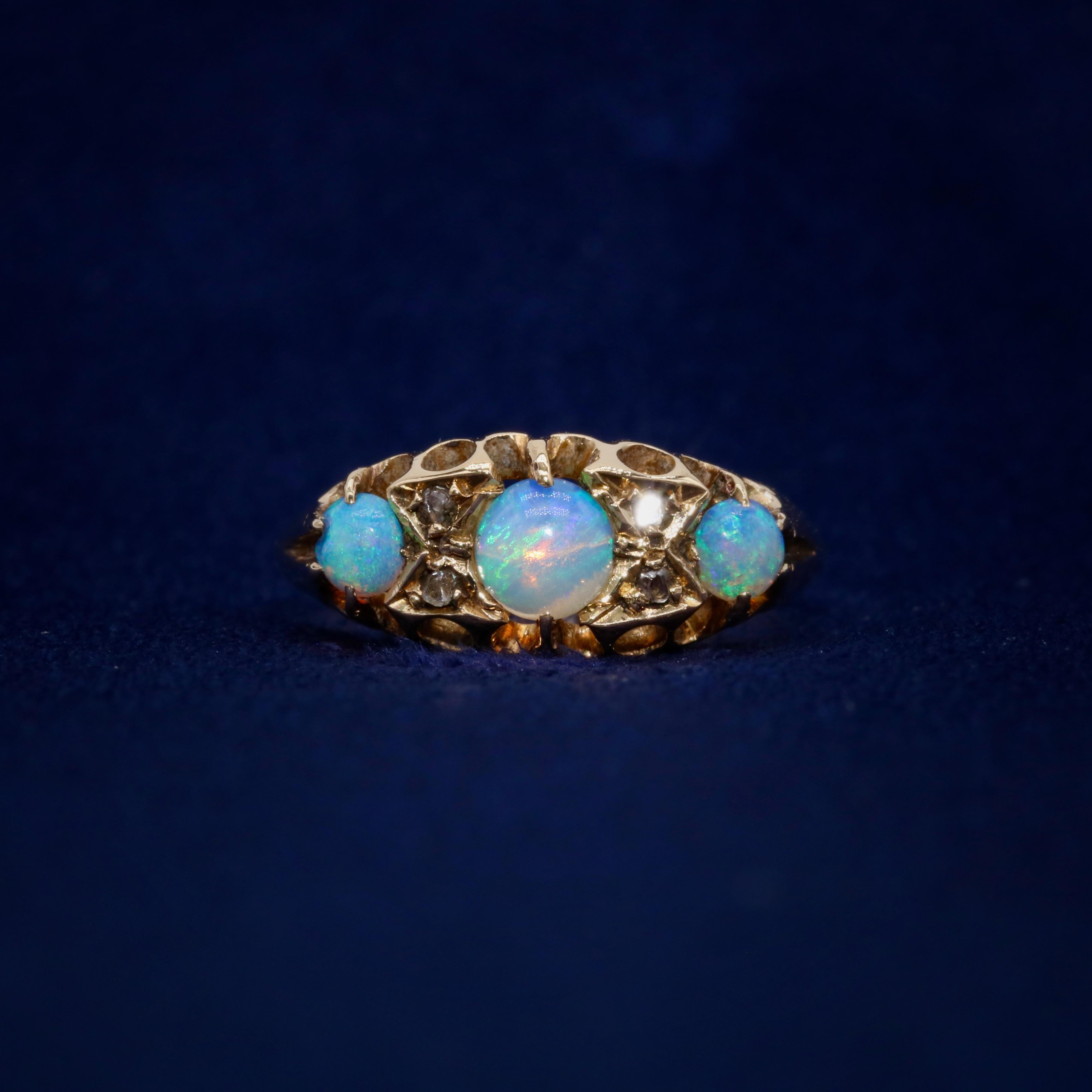 Cabochon Antique 18K Yellow Gold 7 Stone White Opal and Diamond Ring For Sale
