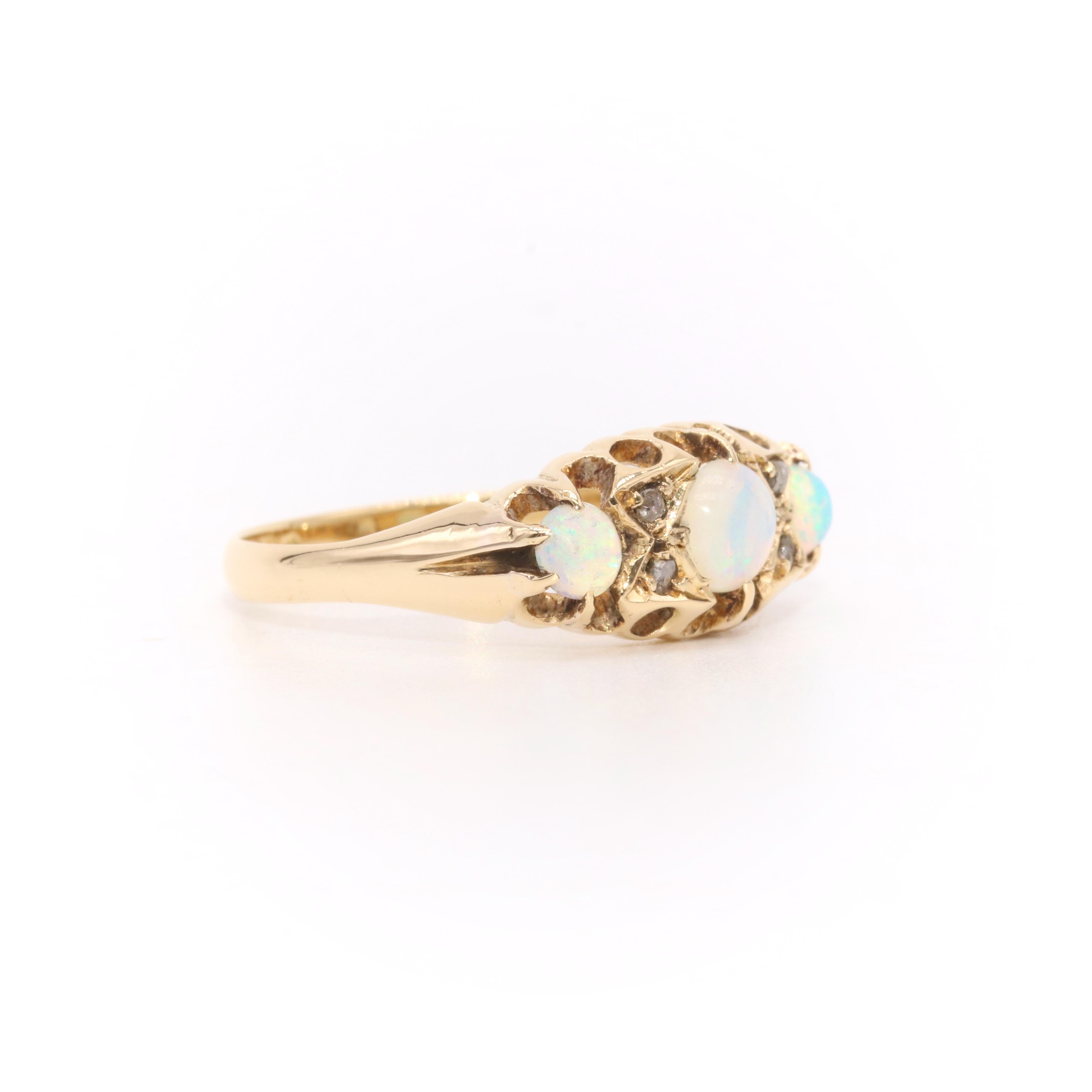 Antique 18K Yellow Gold 7 Stone White Opal and Diamond Ring For Sale 1