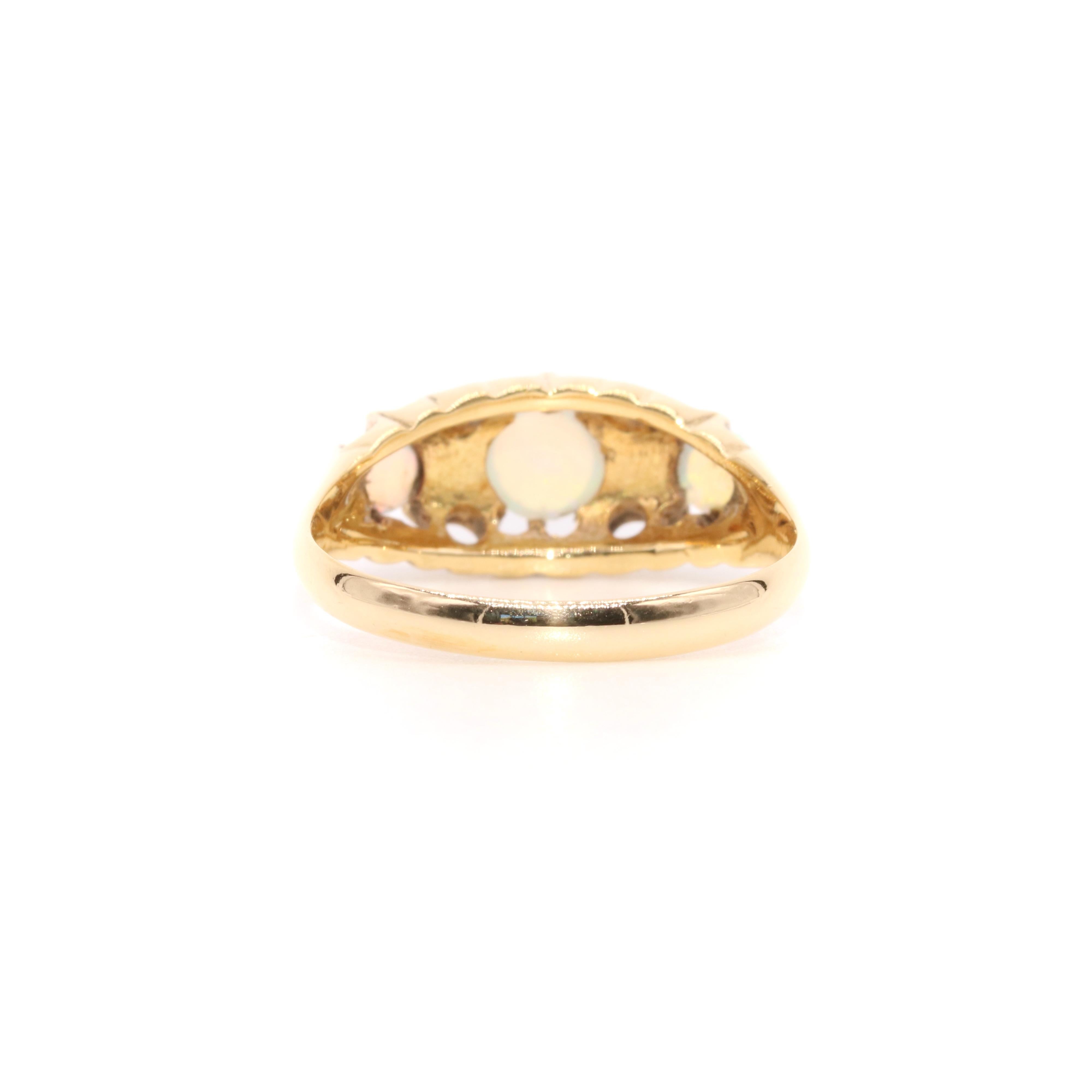 Antique 18K Yellow Gold 7 Stone White Opal and Diamond Ring For Sale 3
