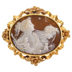 Antique 18k Yellow Gold Allegory of the Day and Night Shell Cameo Brooch