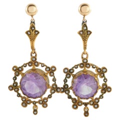 Antique 18K Yellow Gold Amethyst and Seed Pearl Earrings MF06-021926