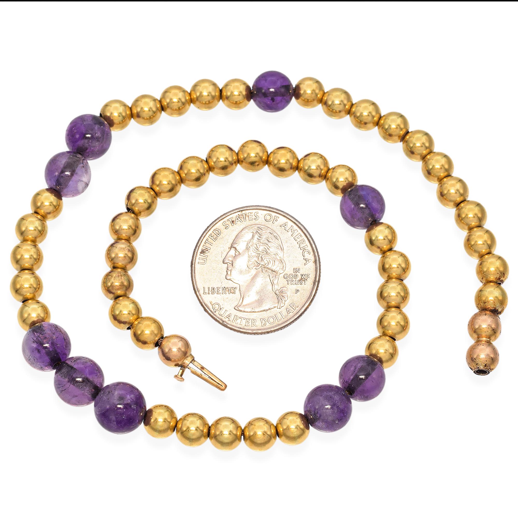 Collana girocollo antica in oro giallo 18 carati e ametista con perline a filo graduato In condizioni buone in vendita a New York, NY