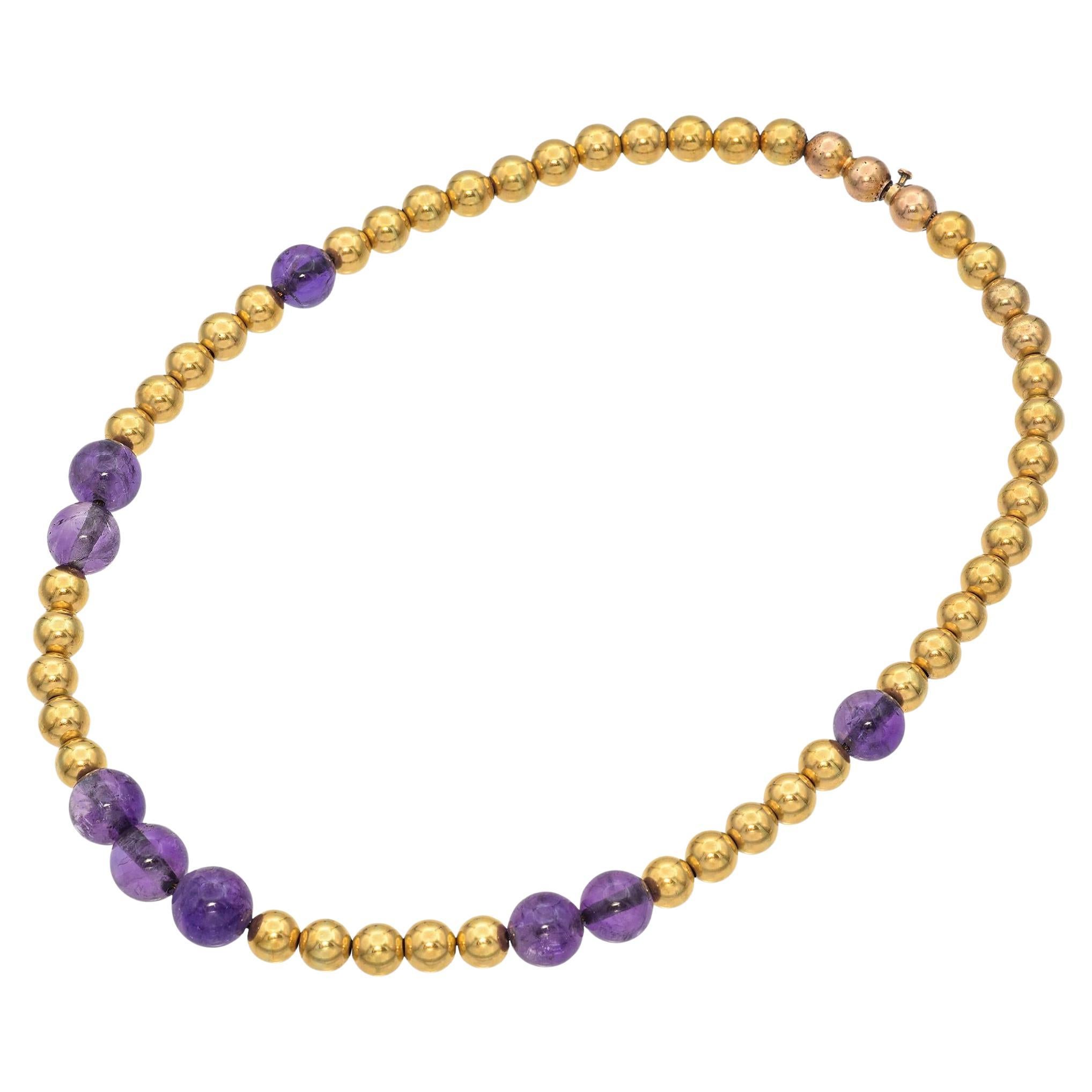 Antique 18K Yellow Gold and Amethyst Beaded Graduated Strand Choker Necklace