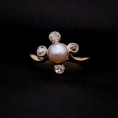 Antique 18K Yellow Gold and Platinum Pearl and Old Cut Diamond Cluster Ring