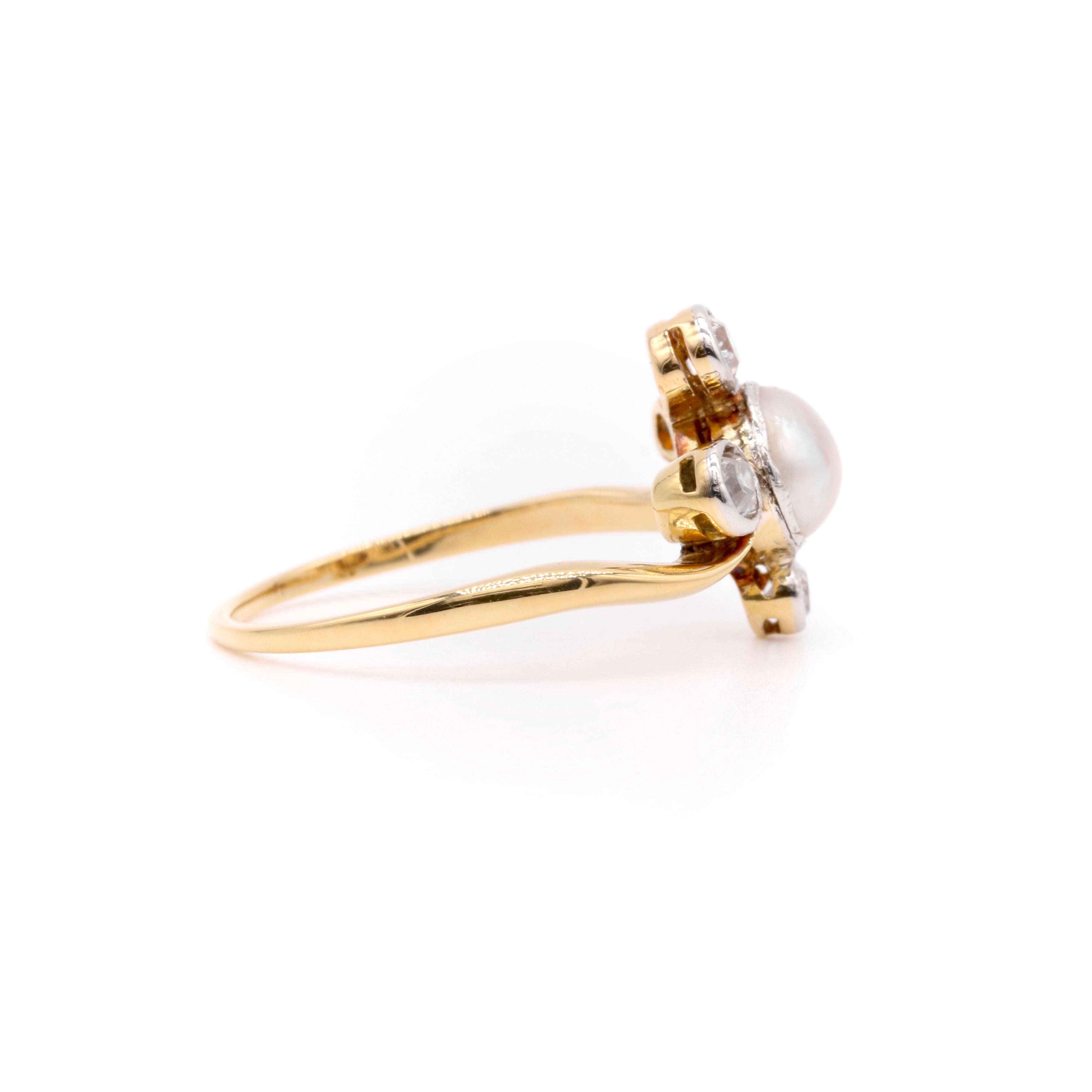 Antiker 18K Gelbgold und Platin Perle und Altschliff Diamant Cluster Ring im Zustand „Gut“ im Angebot in Staines-Upon-Thames, GB