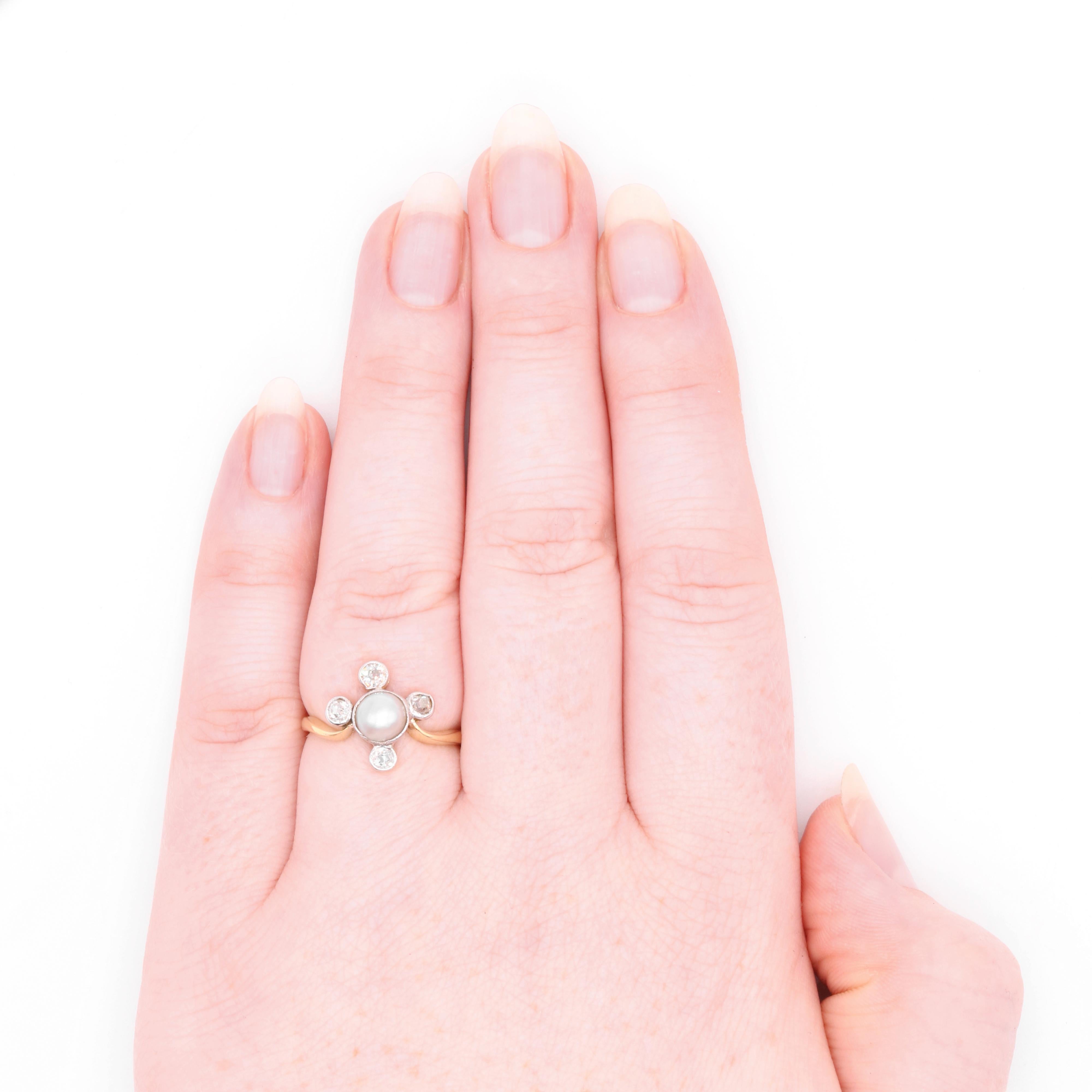 Antiker 18K Gelbgold und Platin Perle und Altschliff Diamant Cluster Ring im Angebot 3