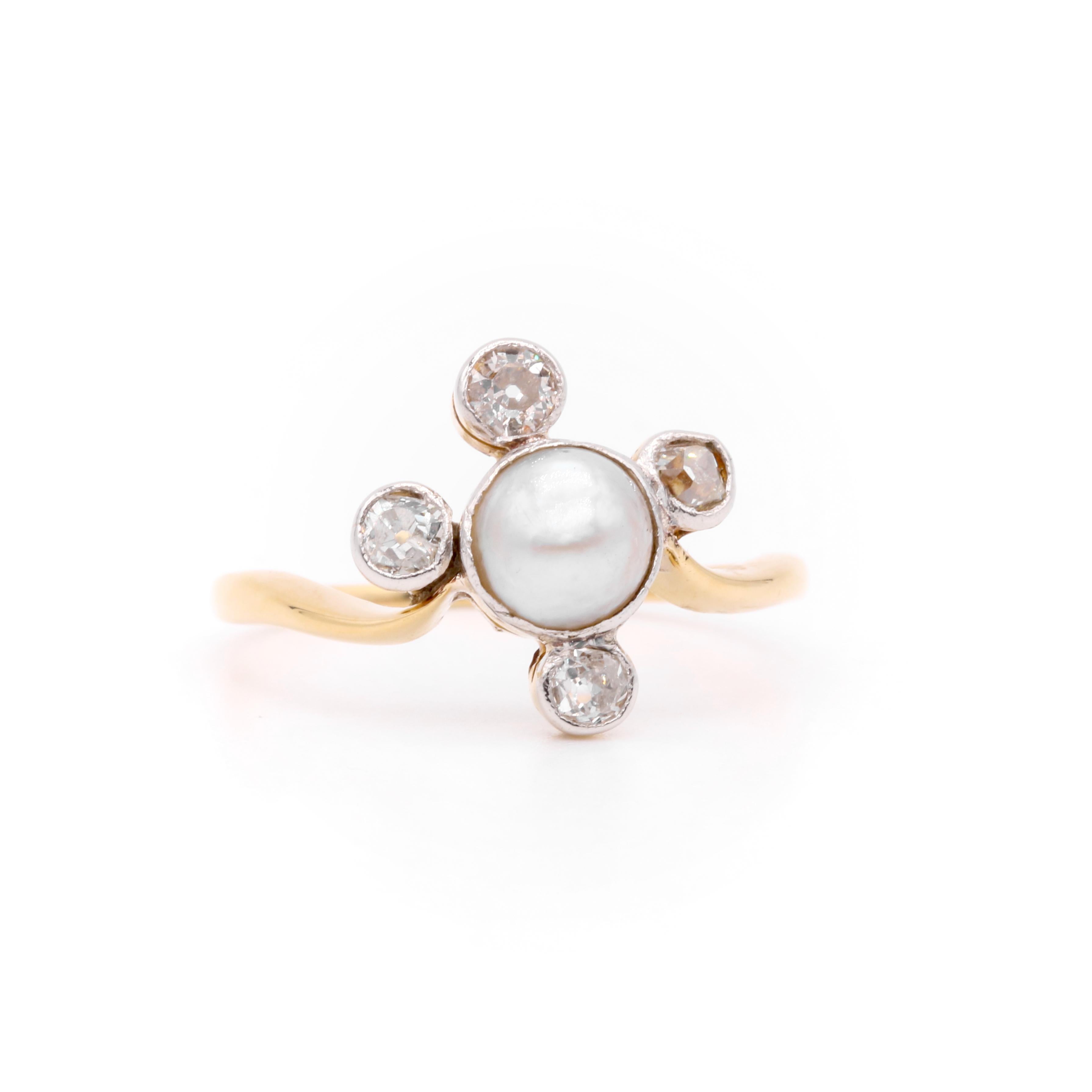 Antiker 18K Gelbgold und Platin Perle und Altschliff Diamant Cluster Ring im Angebot