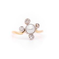 Antique 18K Yellow Gold and Platinum Pearl and Old Cut Diamond Cluster Ring