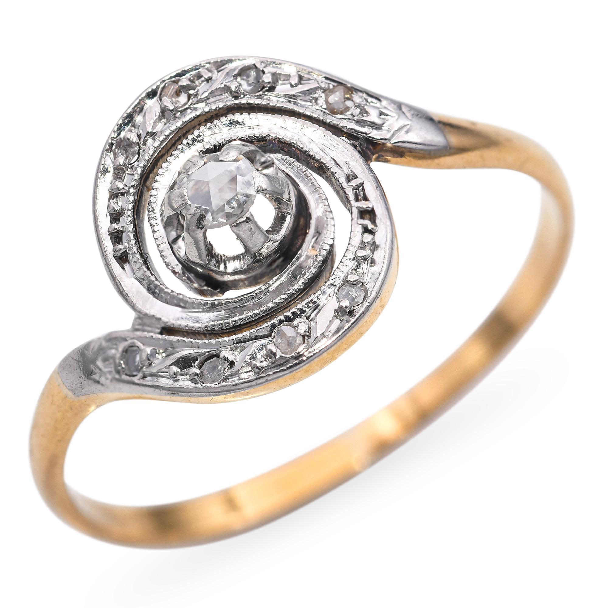 Antique 18k Yellow Gold and Platinum Polki Diamond Swirl Ring in vendita 2