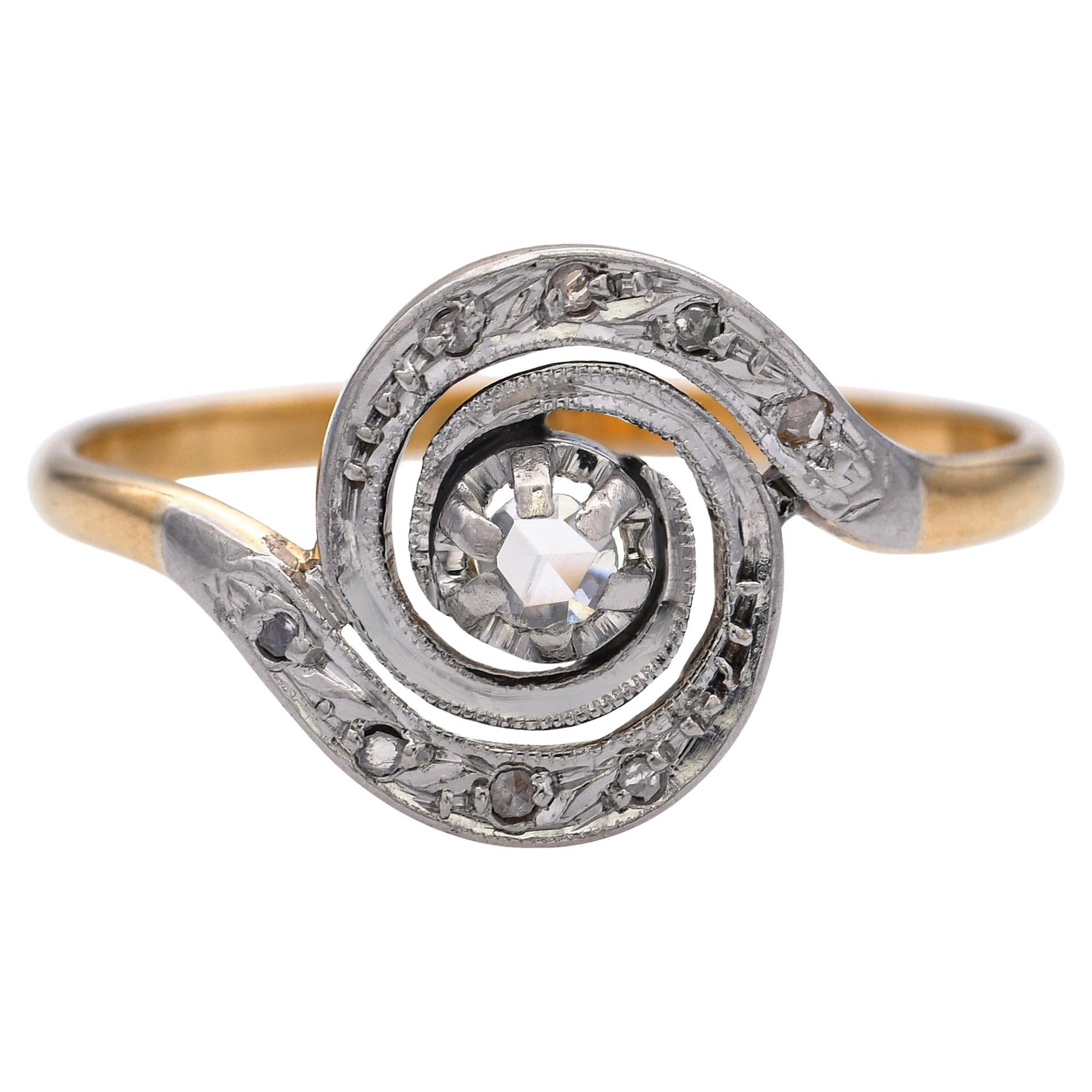 Antique 18k Yellow Gold and Platinum Polki Diamond Swirl Ring
