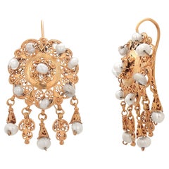 Antique 18K Yellow Gold and Seed Pearl Chandelier Earrings