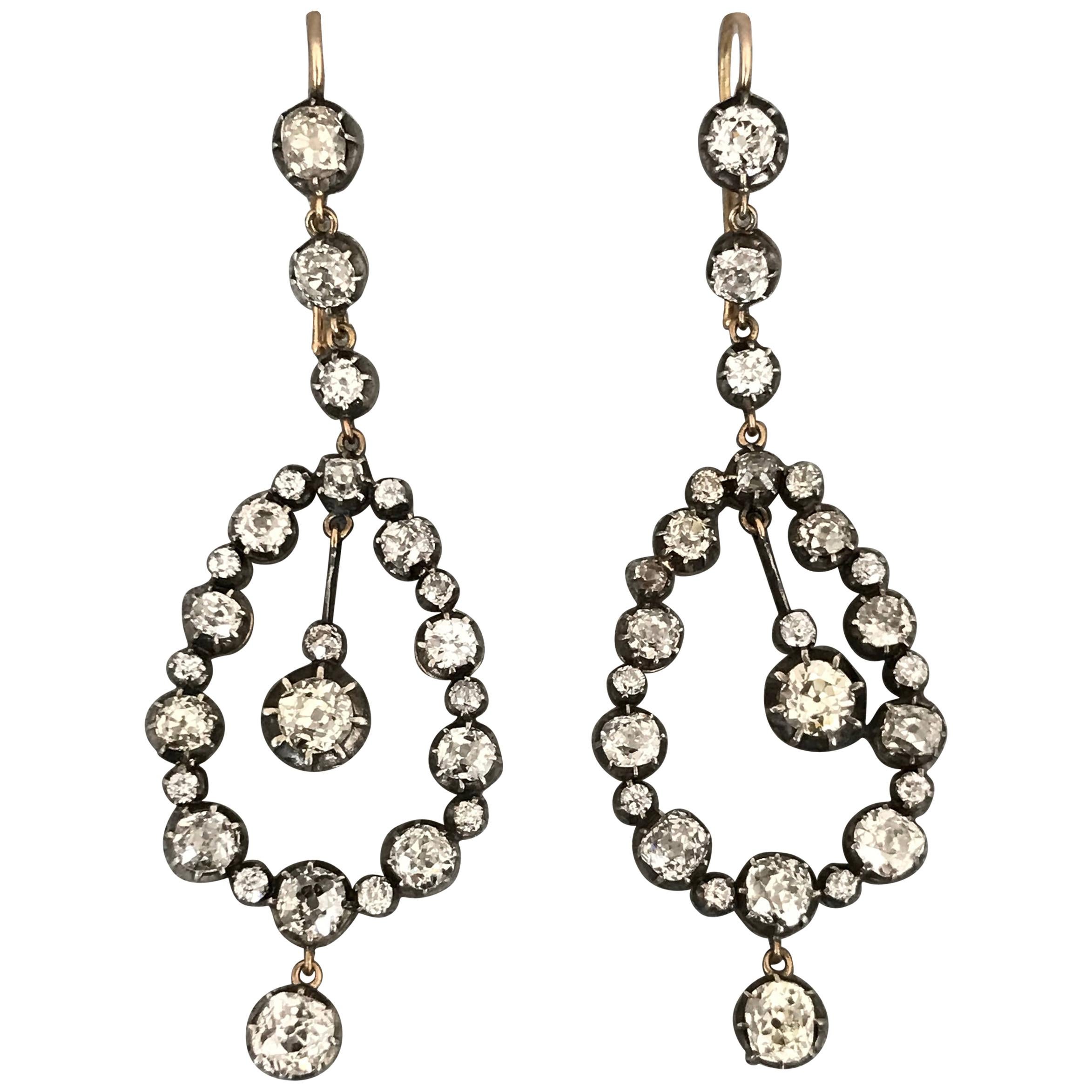 Antique 18 Karat Yellow Gold and Silver Diamond Chandelier Earrings, 11.00 Carat For Sale