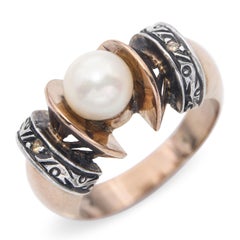 Antique 18k Yellow Gold and Silver Pearl Ring