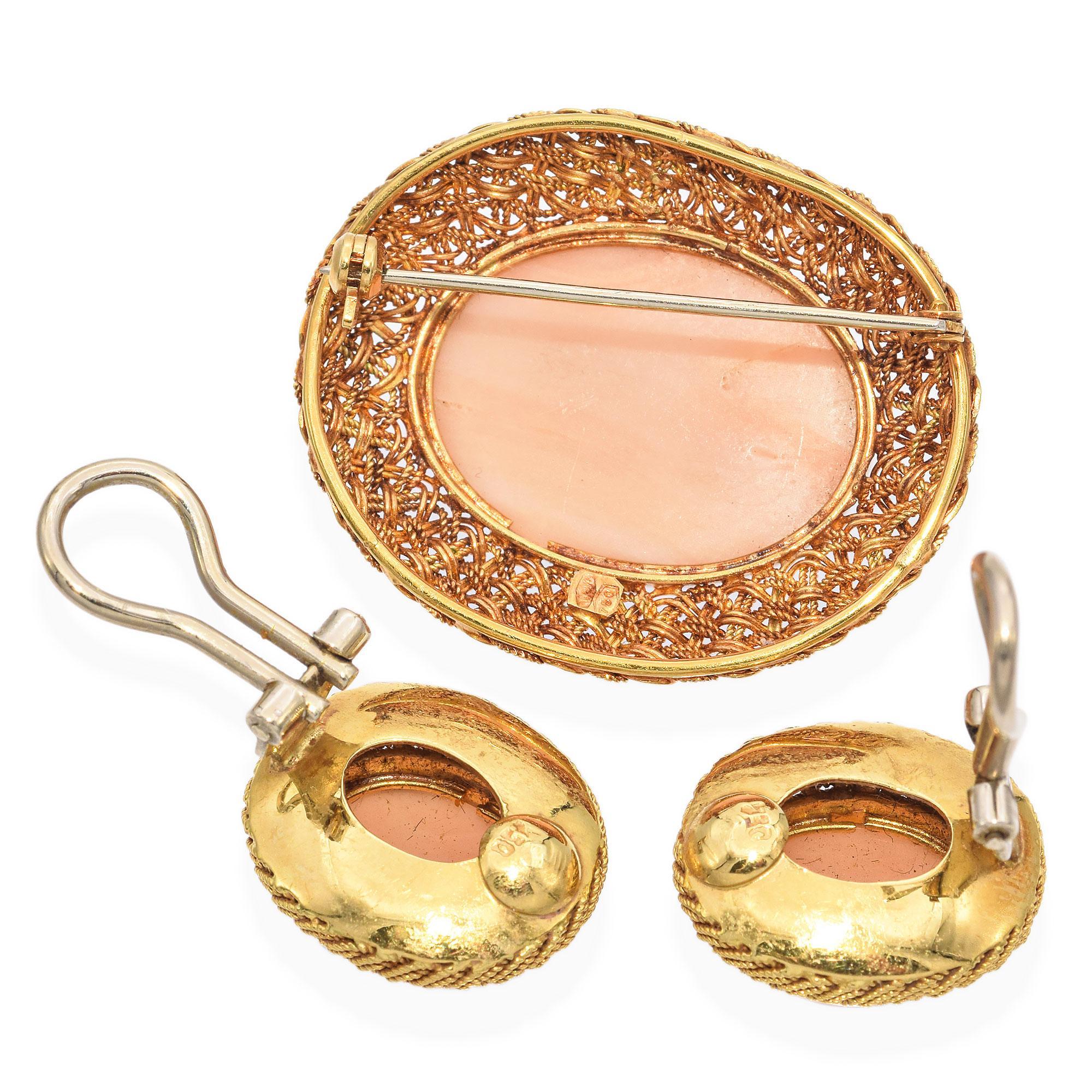 Cabochon Antique 18k Yellow Gold Angel Skin Coral Earrings and Brooch Set For Sale