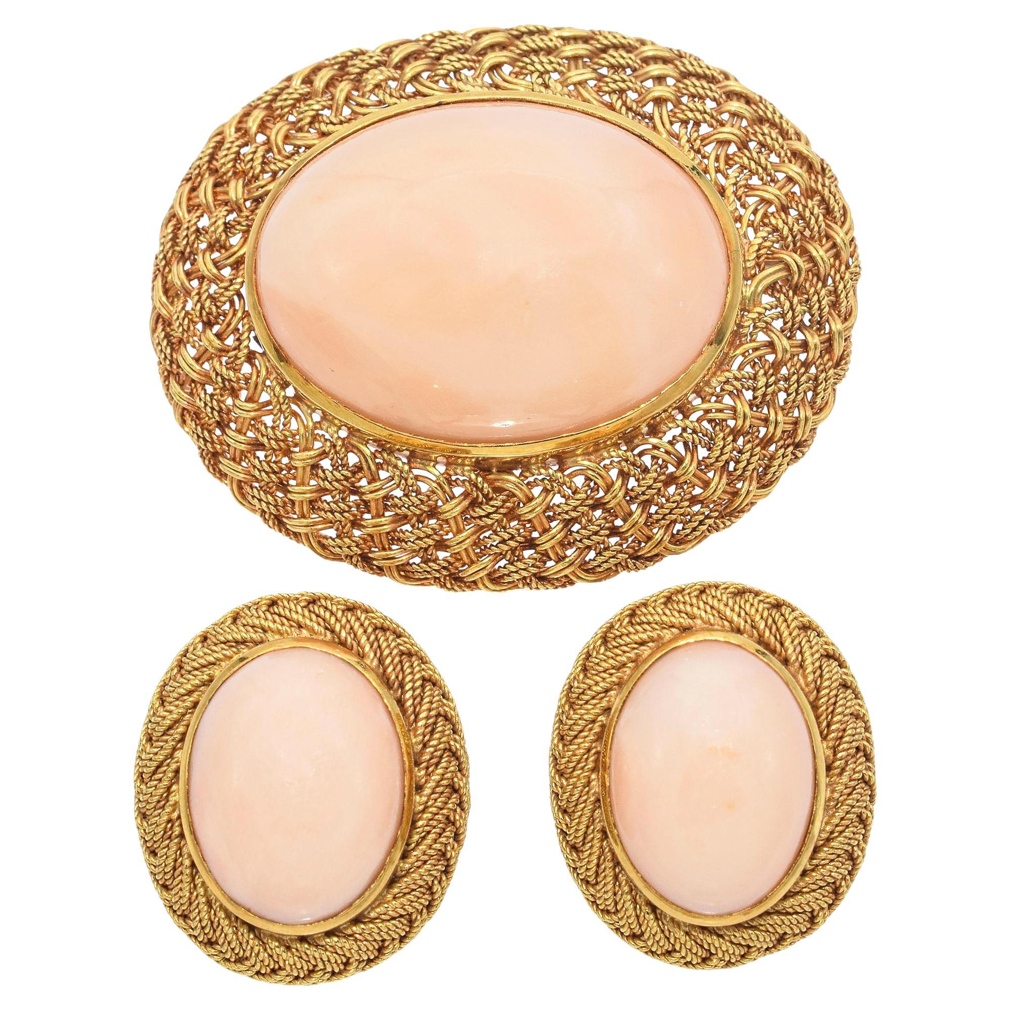 Antique 18k Yellow Gold Angel Skin Coral Earrings and Brooch Set