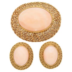 Antique 18k Yellow Gold Angel Skin Coral Earrings and Brooch Set